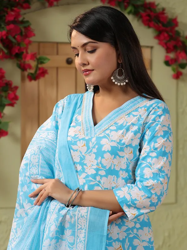 Aqua floral printed silk kurti set with printed dupatta