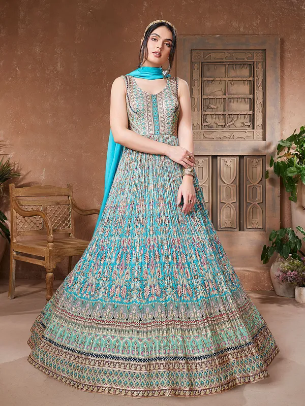 Aqua georgette anarkali suit with dupatta