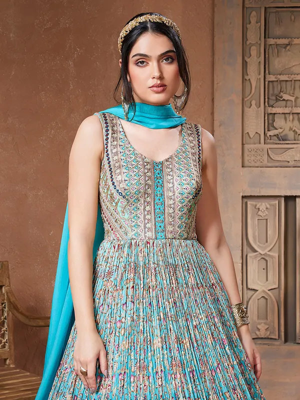 Aqua georgette anarkali suit with dupatta