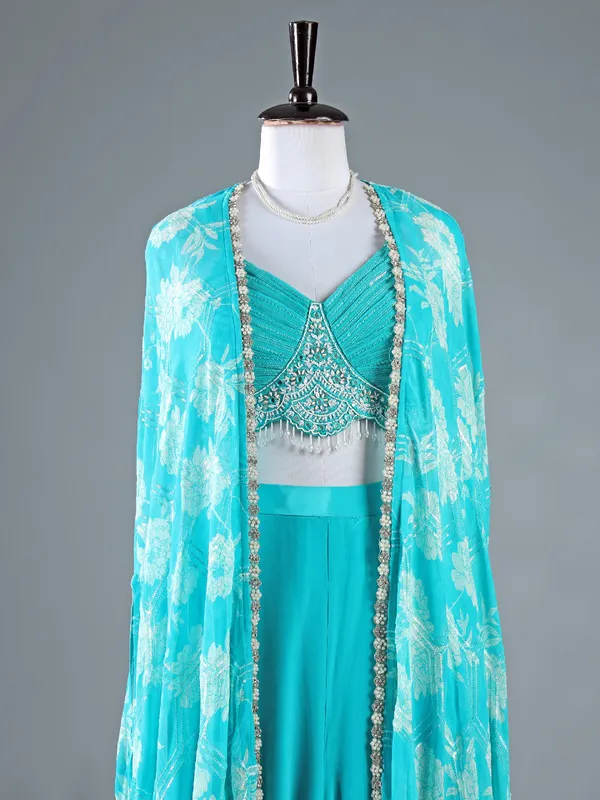 Aqua georgette jacket style palazzo suit for wedding wear