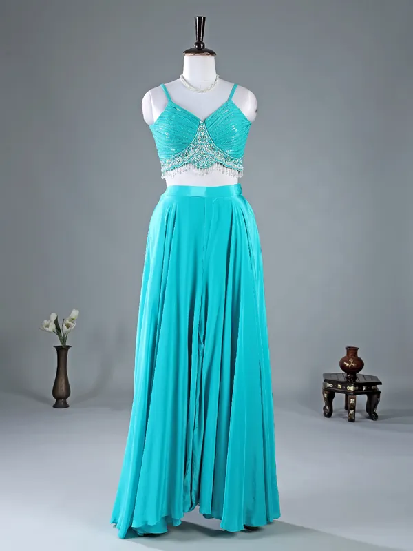 Aqua georgette jacket style palazzo suit for wedding wear