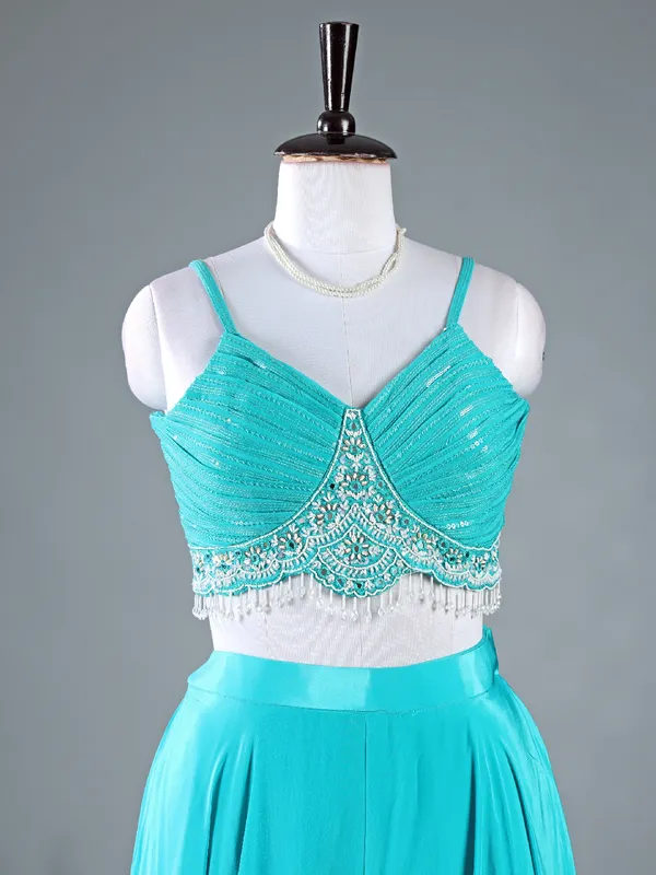 Aqua georgette jacket style palazzo suit for wedding wear