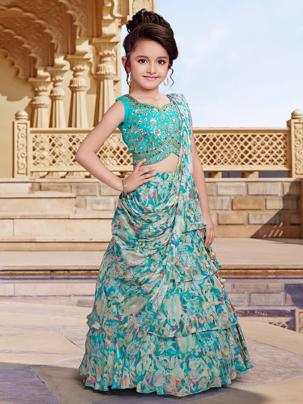 Aqua georgette printed lehenga choli