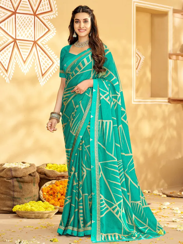 Aqua georgette saree with print