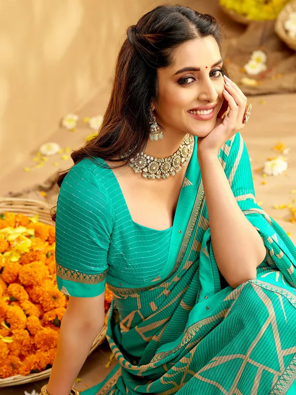 Aqua georgette saree with print
