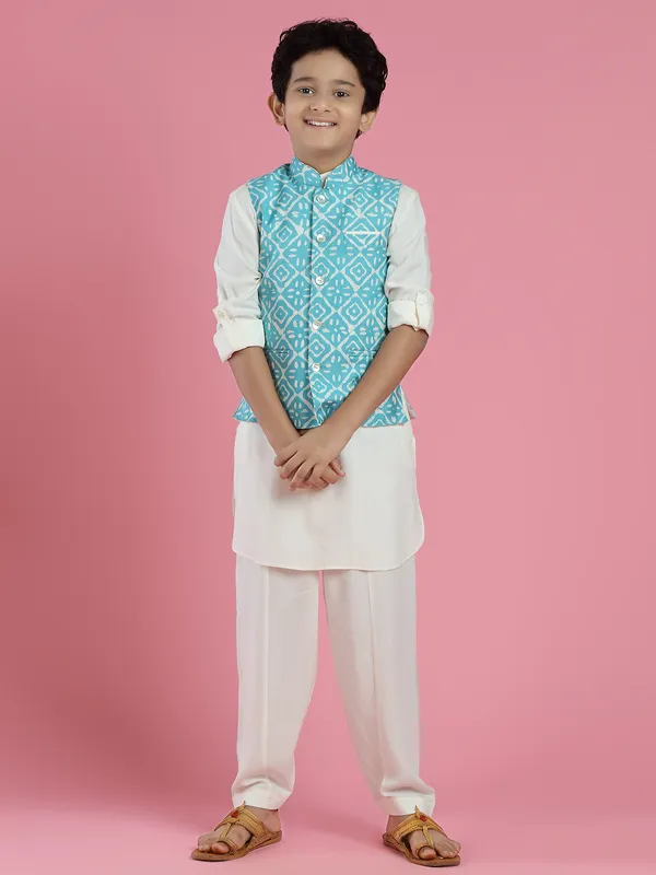 Aqua hue silk printed waistcoat set