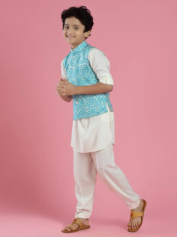 Aqua hue silk printed waistcoat set