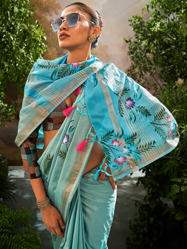 Aqua linen saree with floral print