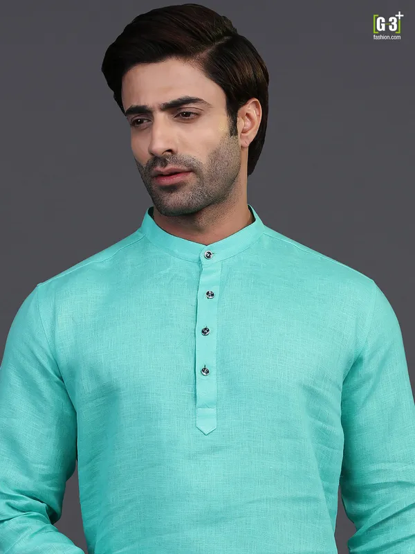 Aqua linen stand collar kurta pajama