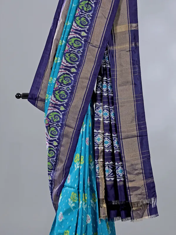 Aqua navy zari weaving patola silk saree for festive