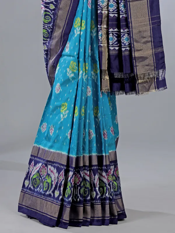 Aqua navy zari weaving patola silk saree for festive