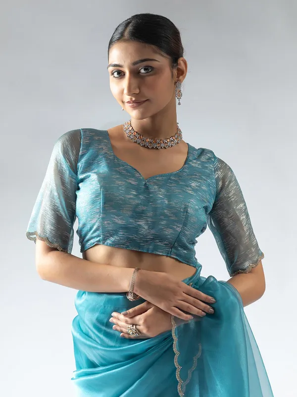 Aqua organza ready to wear saree