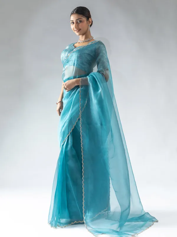 Aqua organza ready to wear saree