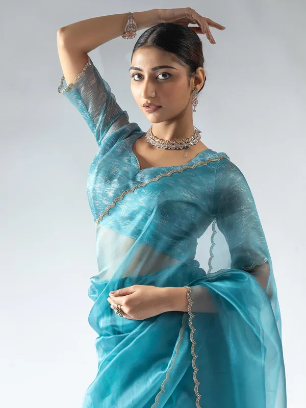 Aqua organza ready to wear saree