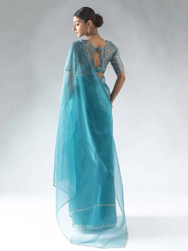 Aqua organza ready to wear saree