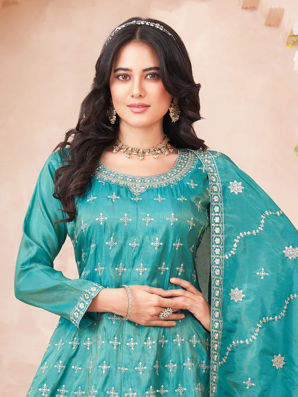 Aqua palazzo suit in premium silk