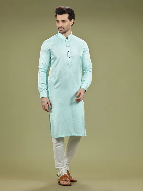 Aqua plain silk  Men Kurta pajama