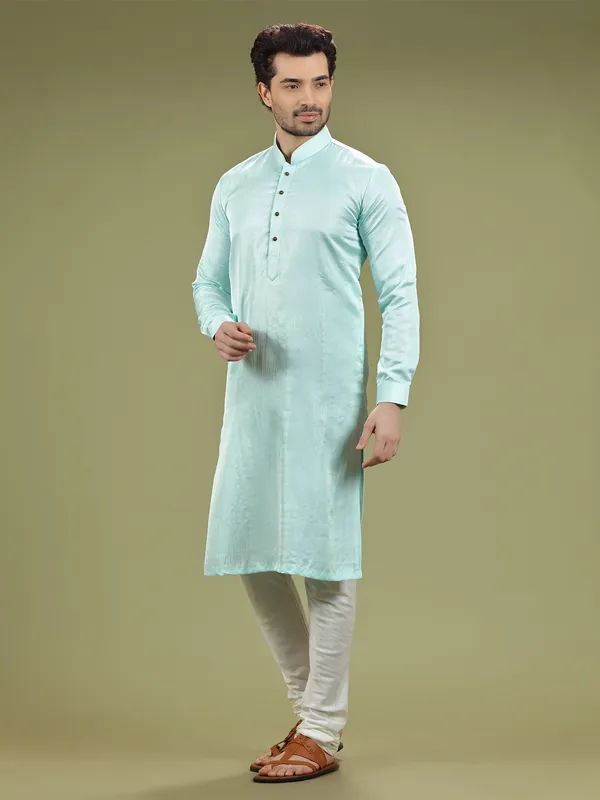 Aqua plain silk  Men Kurta pajama