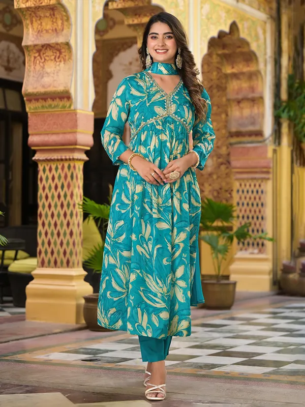 Aqua printed alia cut kurti set