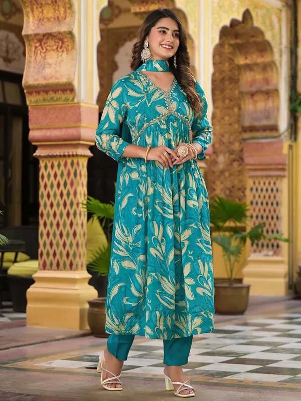 Aqua printed alia cut kurti set