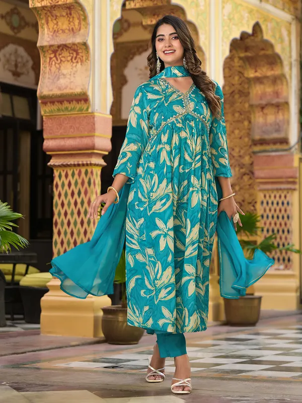 Aqua printed alia cut kurti set