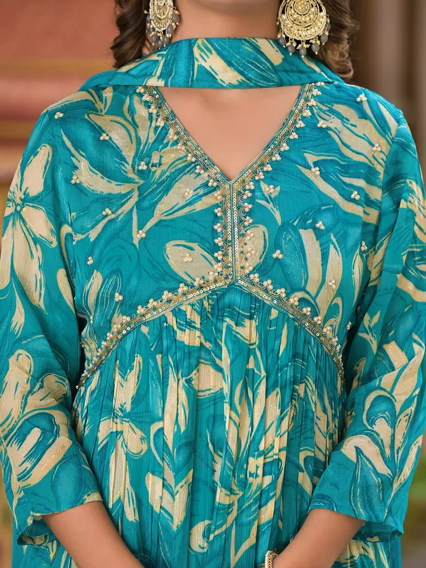 Aqua printed alia cut kurti set