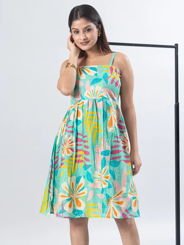 Aqua printed cotton casual wear mini dress for women