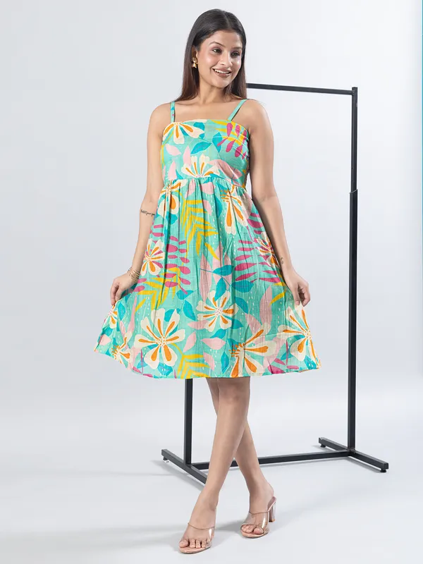 Aqua printed cotton casual wear mini dress for women