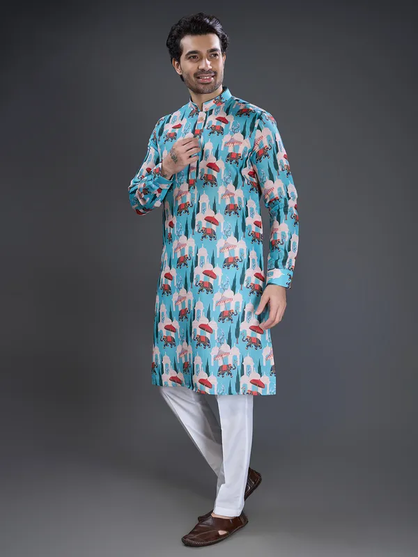 Aqua printed cotton kurta pajama set