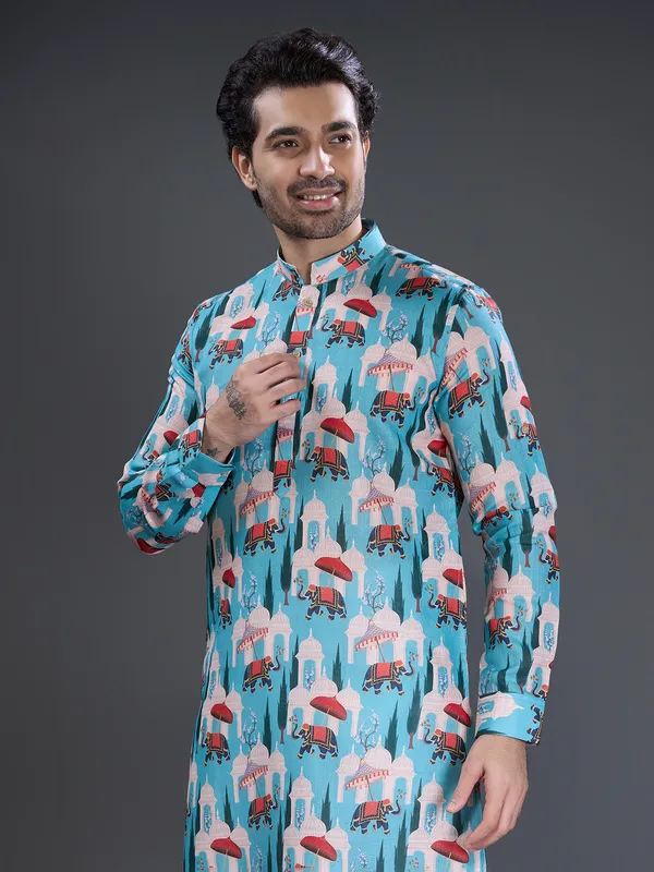 Aqua printed cotton kurta pajama set
