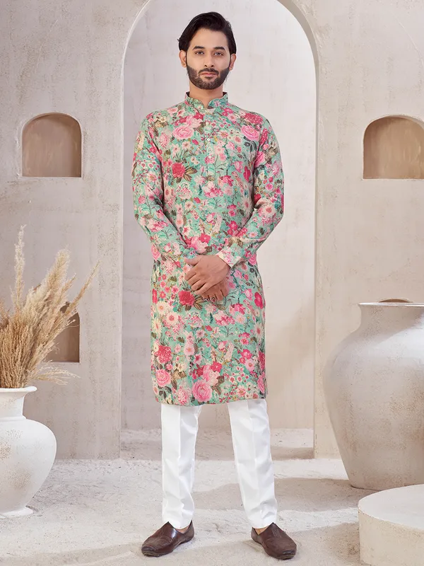 Aqua printed cotton kurta suit for mens