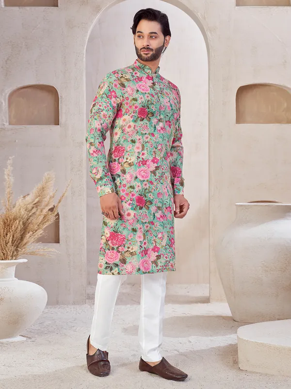 Aqua printed cotton kurta suit for mens