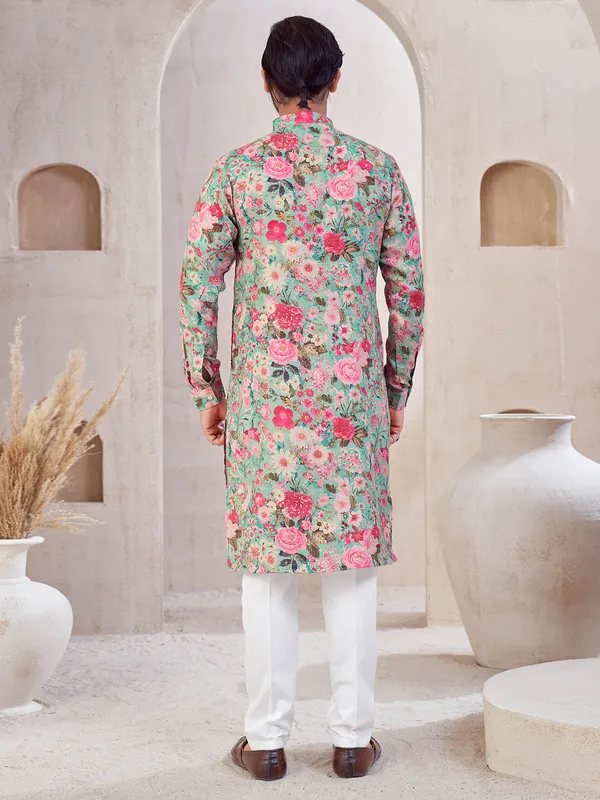 Aqua printed cotton kurta suit for mens