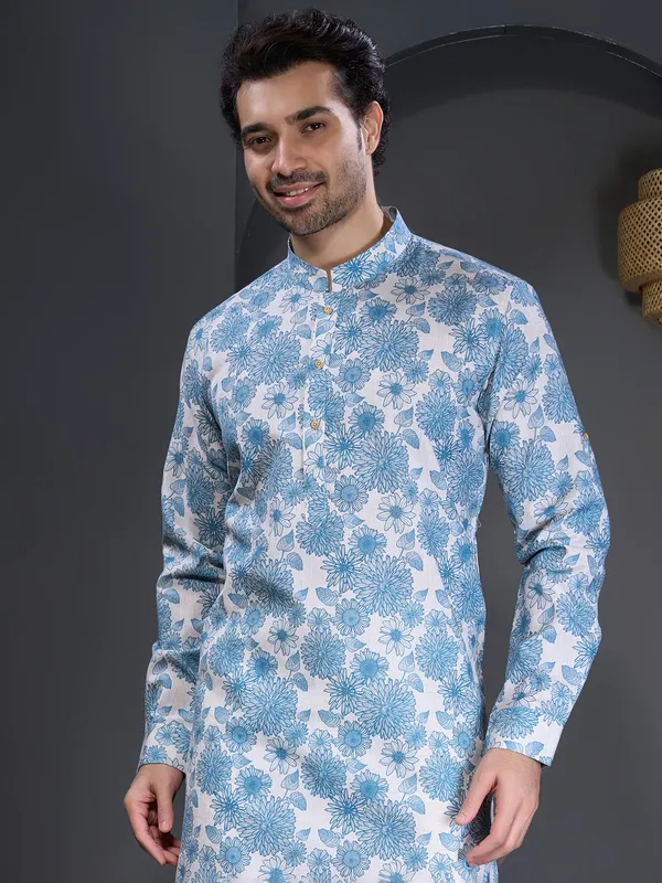 Aqua printed cotton kurta suit for mens wear