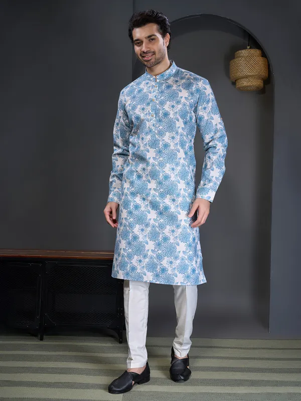 Aqua printed cotton kurta suit for mens wear
