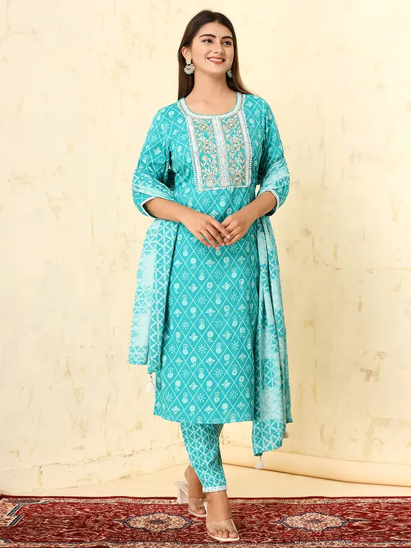 Aqua printed cotton kurti set