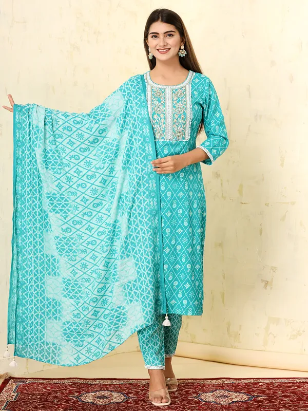 Aqua printed cotton kurti set