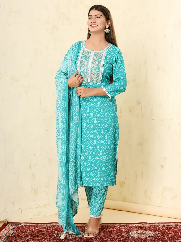 Aqua printed cotton kurti set