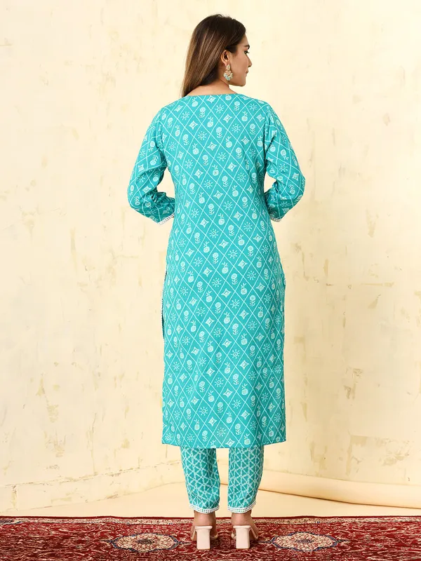 Aqua printed cotton kurti set