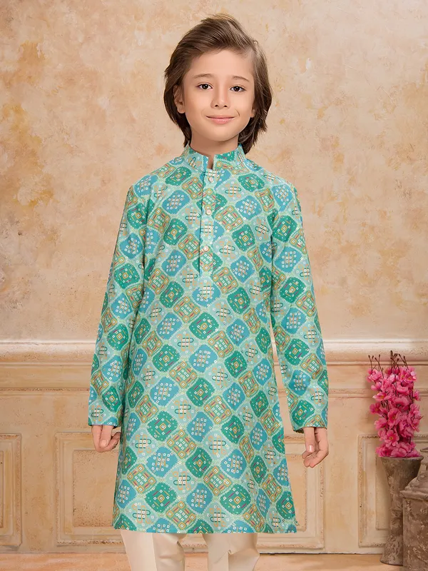 Aqua printed cotton silk kurta suit for festive celebration