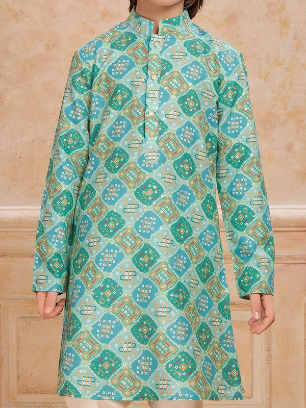 Aqua printed cotton silk kurta suit for festive celebration