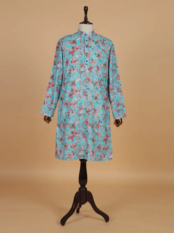 Aqua printed cotton silk kurta suit for men