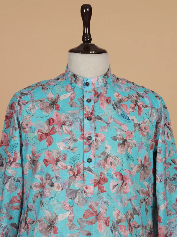 Aqua printed cotton silk kurta suit for men