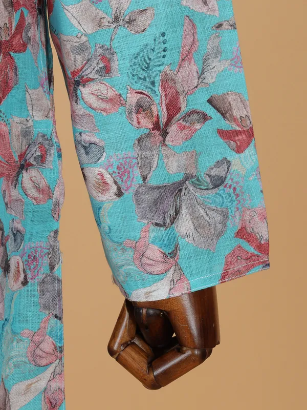 Aqua printed cotton silk kurta suit for men