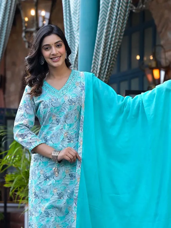 Aqua printed cotton silk kurti set