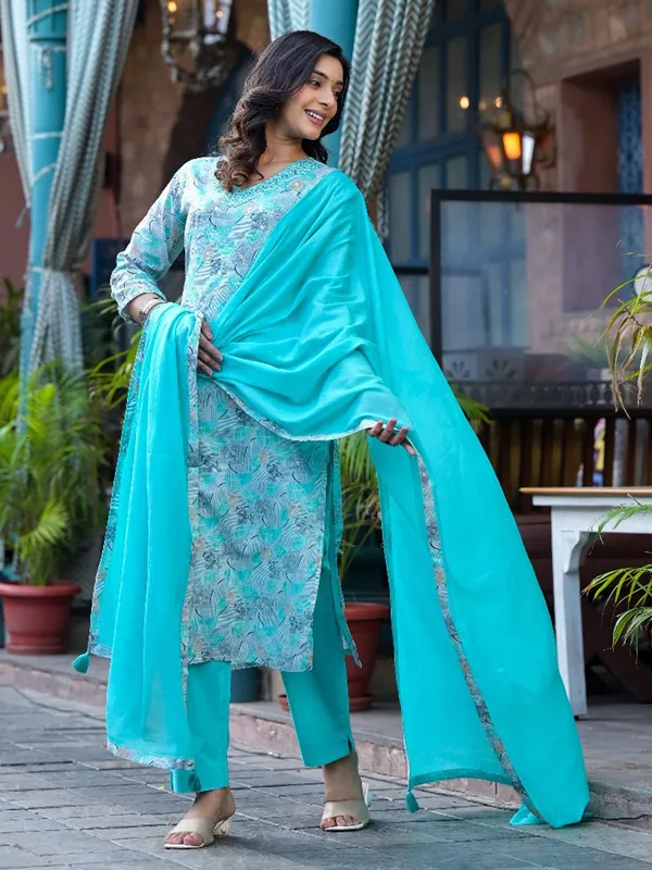 Aqua printed cotton silk kurti set