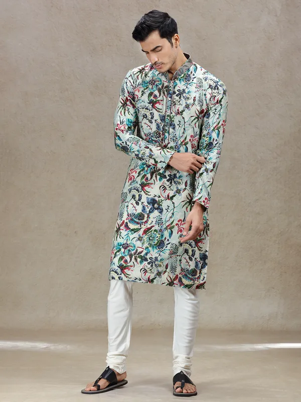 Aqua printed festive ready kurta set for men