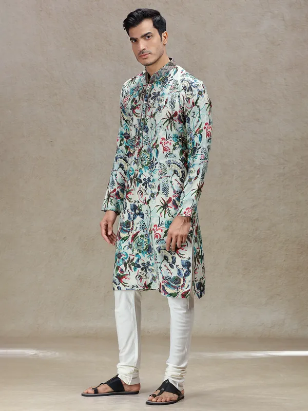 Aqua printed festive ready kurta set for men