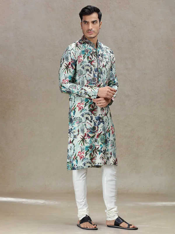 Aqua printed festive ready kurta set for men