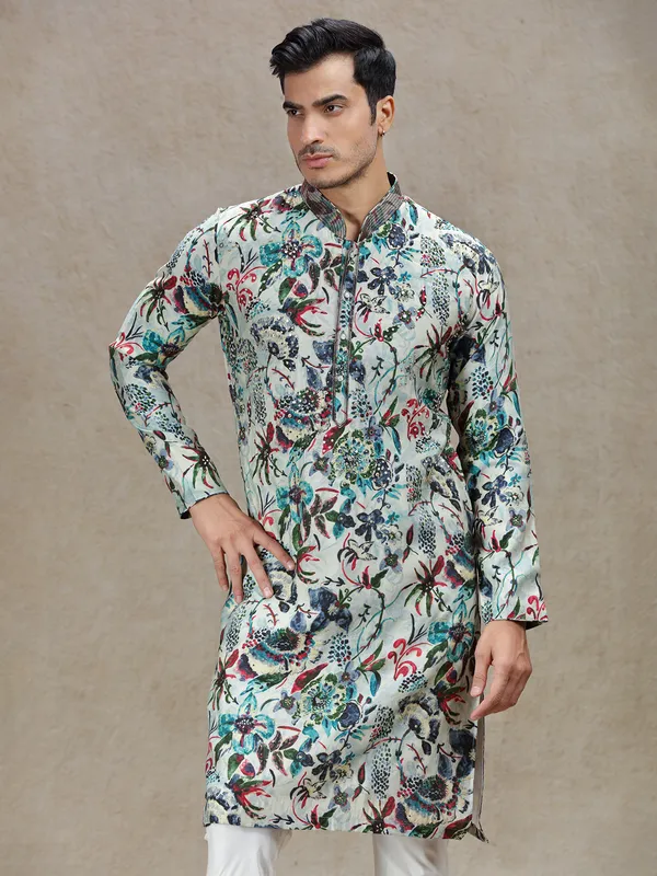 Aqua printed festive ready kurta set for men